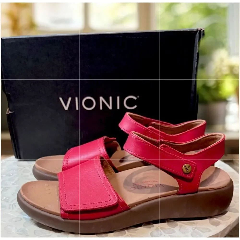 VIONIC Leather Awaken Recovery Supportive Adjustable Strap Sandals Flats Womens